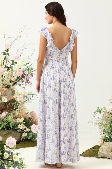 Lignt Purple Flower A Line V Neck Chiffon Plus Size Bridesmaid Dress with Open Back